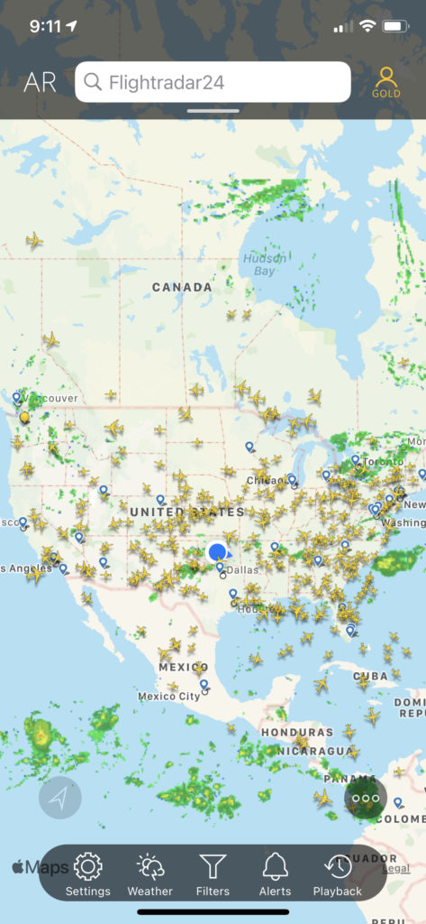 Screenshot of flights across North America with weather